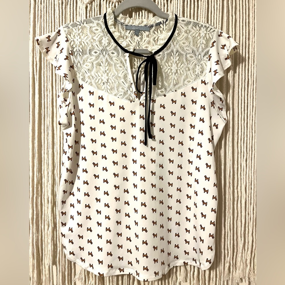 Women’s Sz Lg Cream Blouse with Dogs by Sweet Rain